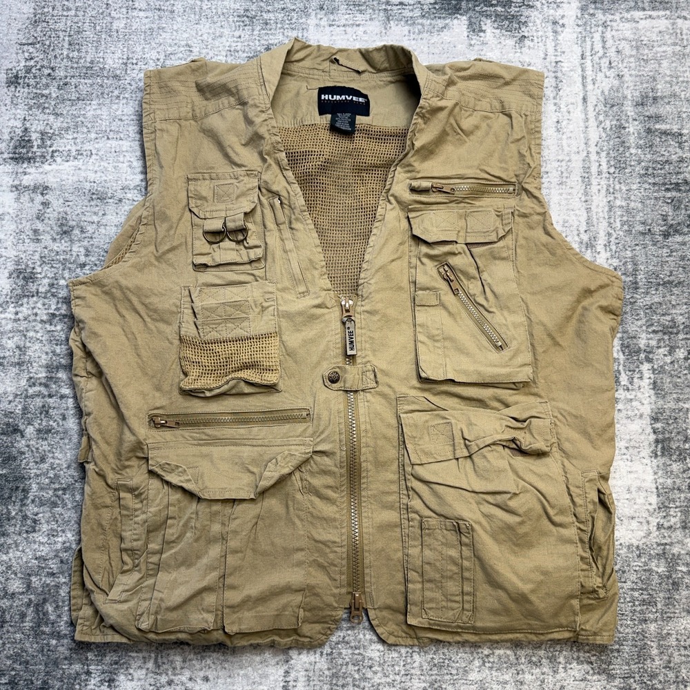Humvee Vest Mens XL Khaki Utility Pockets Safari Photo Hiking Fishing Breathable